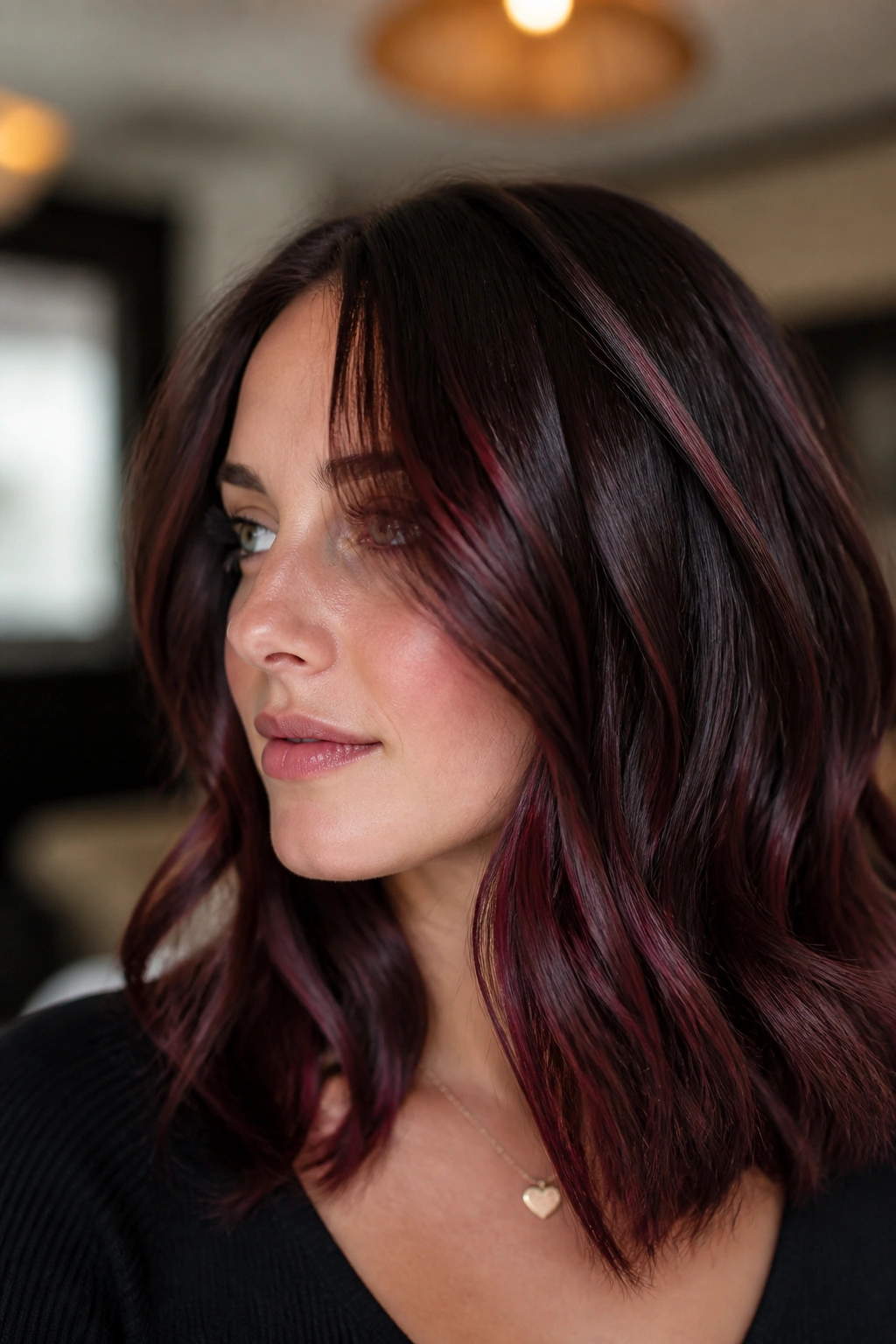 Close-up of a real woman with cherry mahogany ribbon highlights around the face