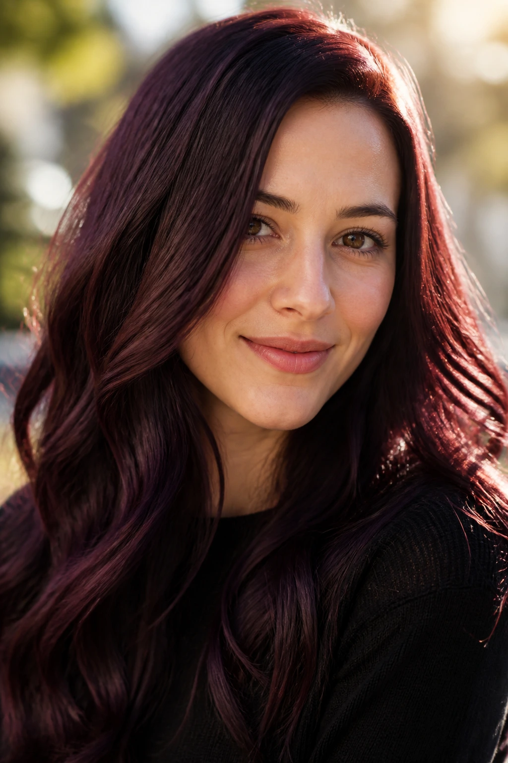 Close-up of hair in cherry mahogany with a sheer violet glaze on a real person