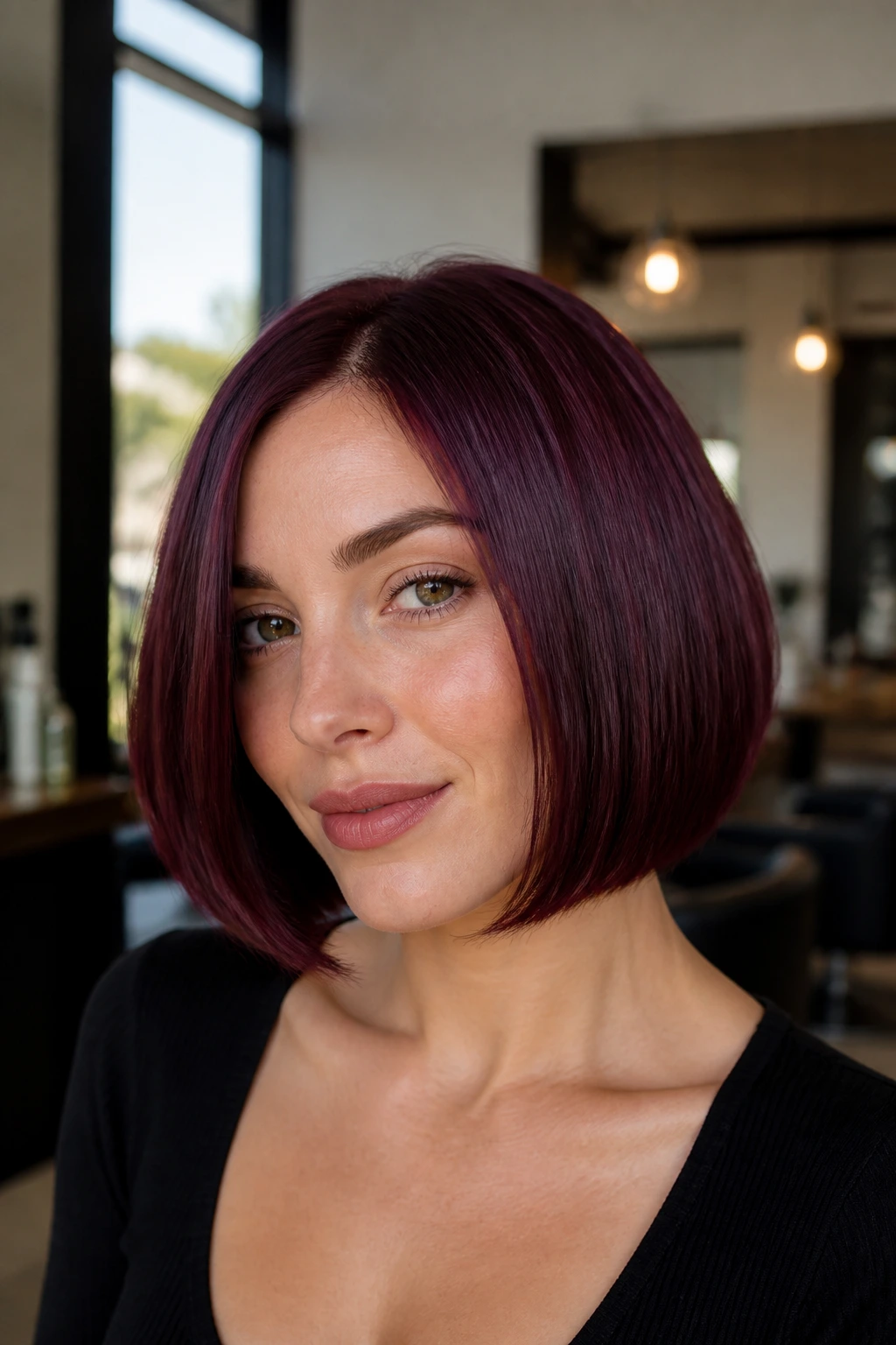 Close-up portrait of a real woman with a blunt cherry merlot bob in natural salon lighting