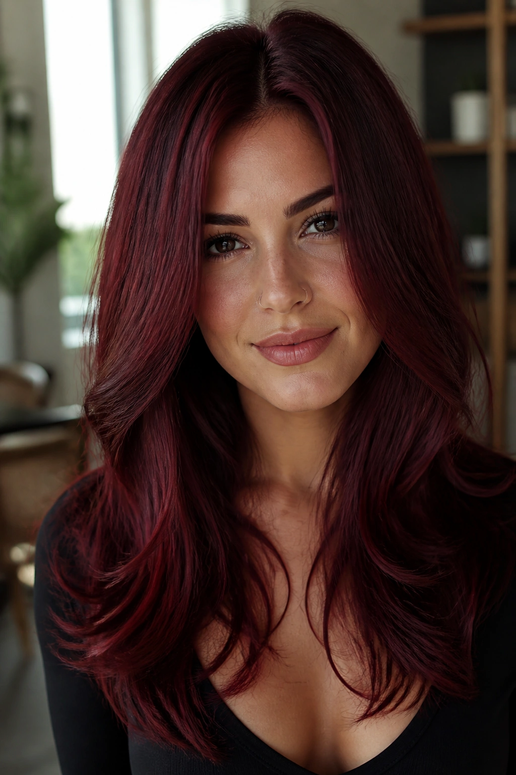 Portrait of a woman with cherry merlot color hair.