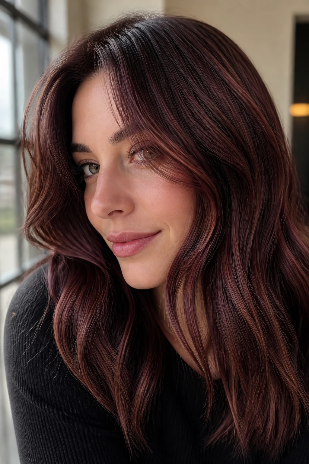 Close-up of a real person with cherry mocha base and micro highlights around the crown and face line