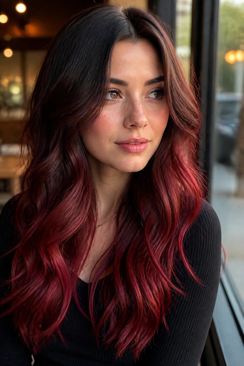 Close-up of a real woman with cherry mocha ombré hair showing gradient from roots to ends