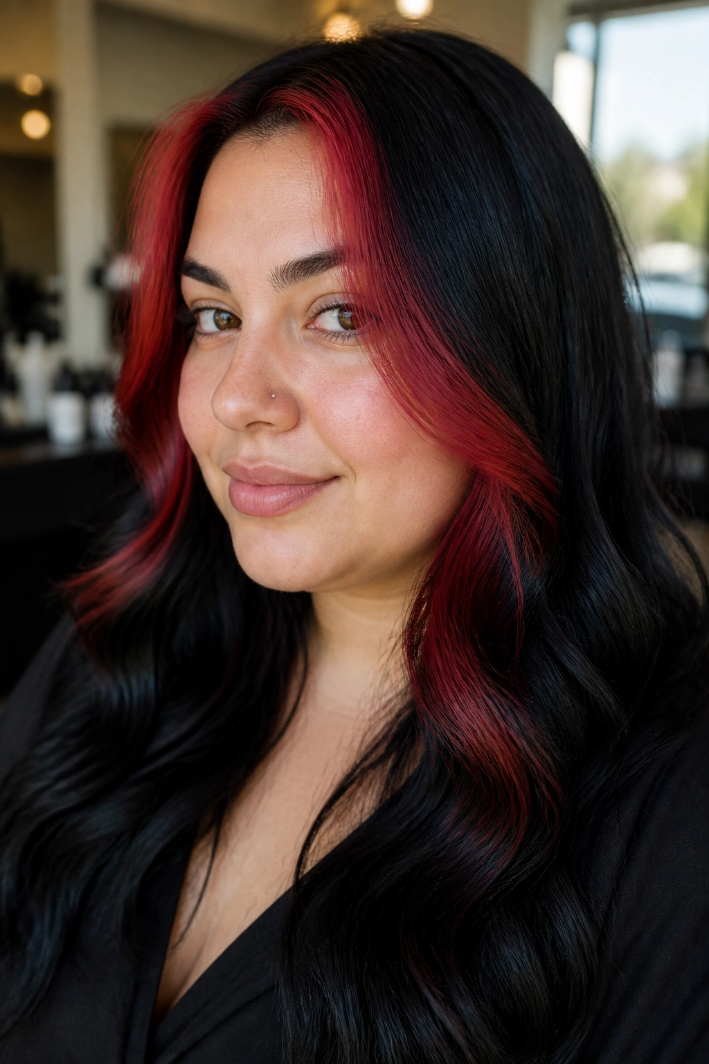 Close-up of a real woman with a cherry money piece on jet-black lengths in a salon.