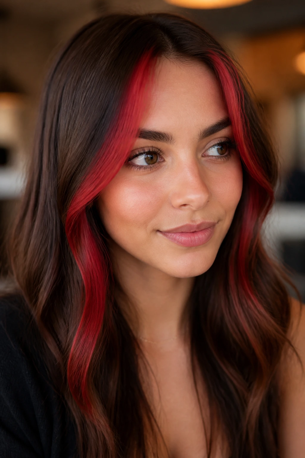 Close-up of a real person with face-framing cherry red money piece around the hairline