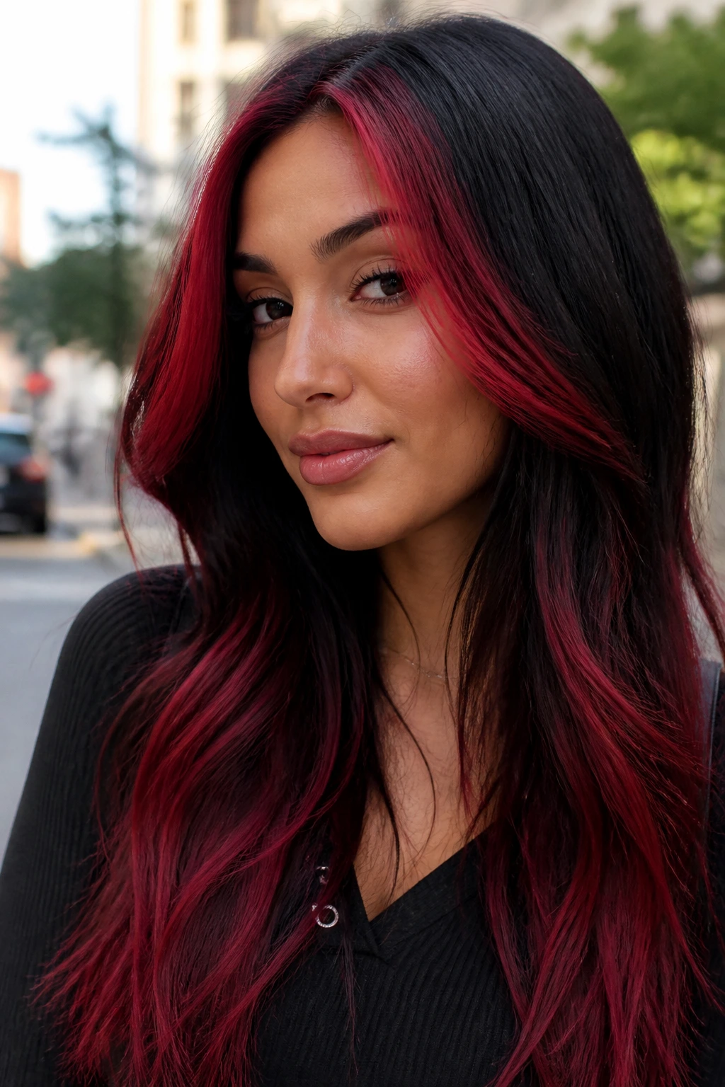 Close-up of face-framing cherry money pieces with red ends on long black hair