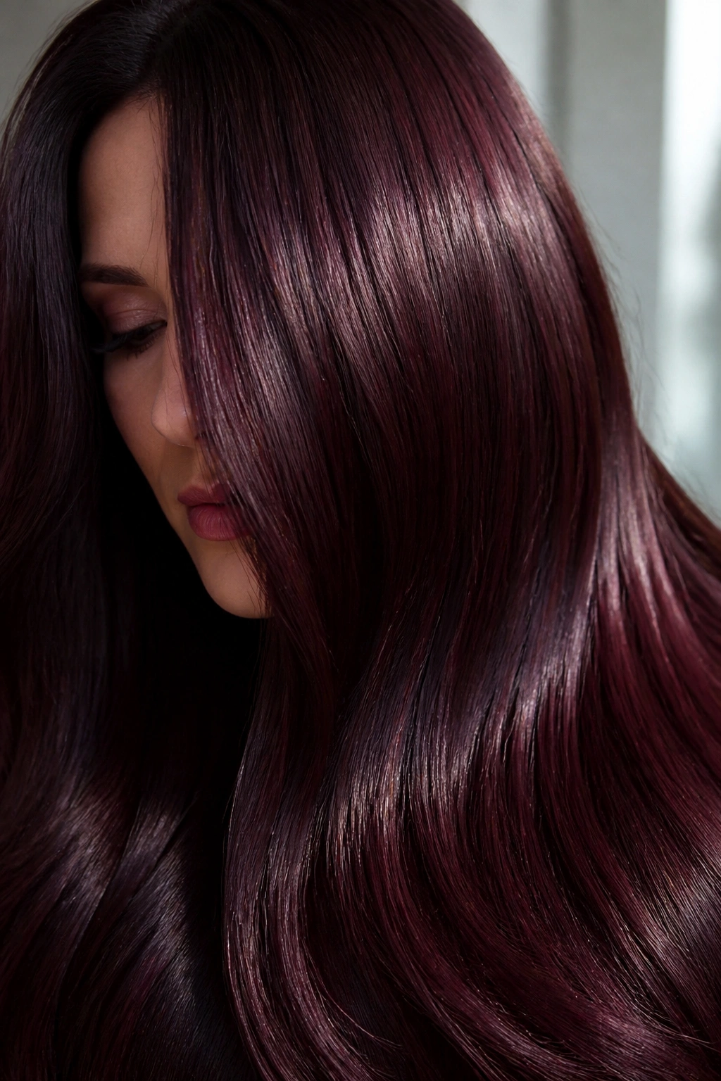 Close-up of a real woman with cherry noir glass hair and high shine