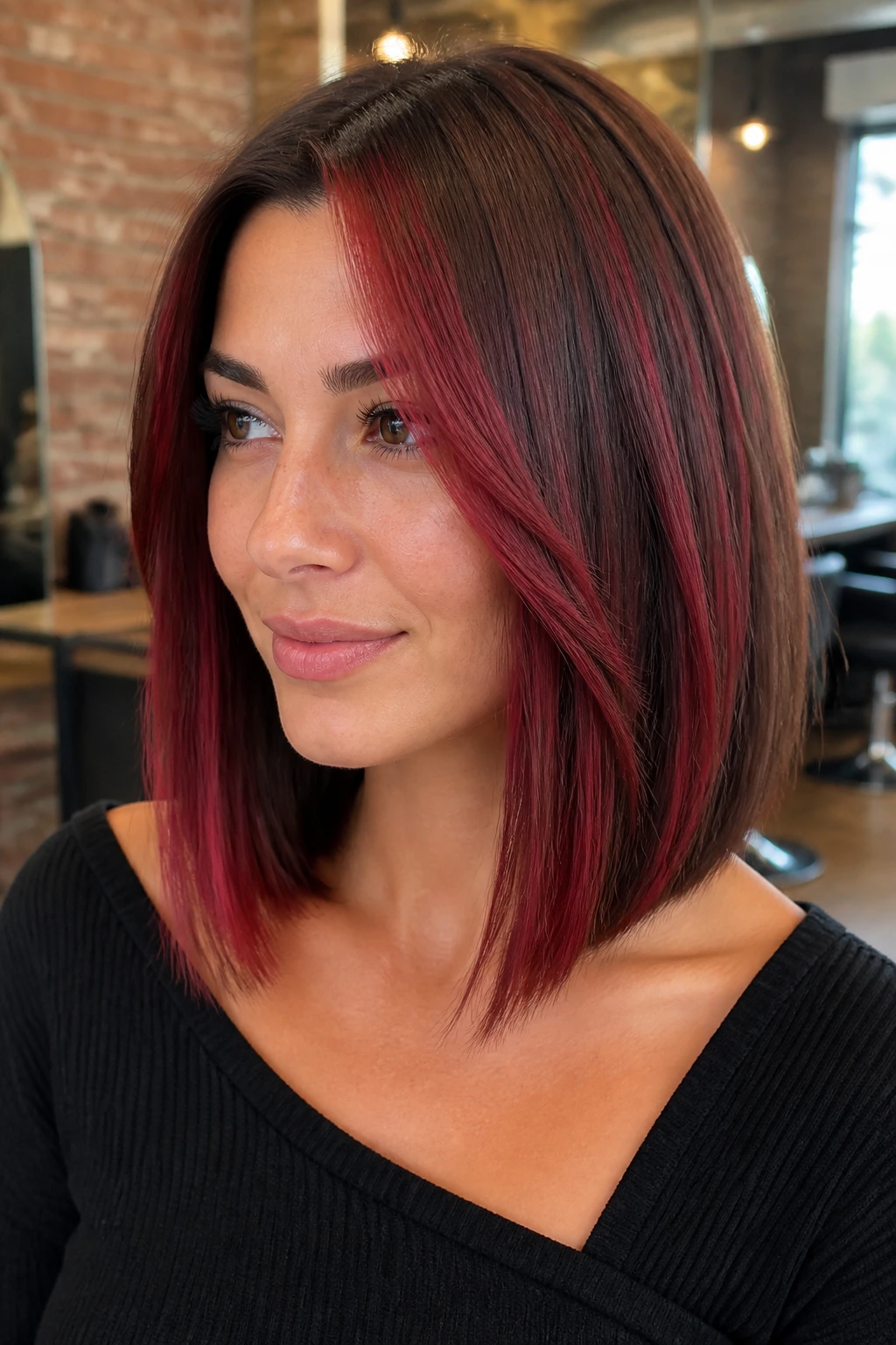 Close-up of a real woman with cherry panels in a collarbone-length lob hairstyle