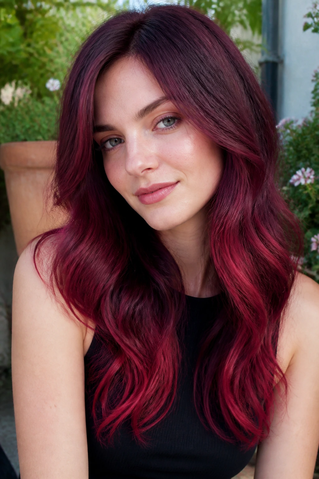 Medium close-up of a real woman with cherry plum ombré showing gradient from root to ends.