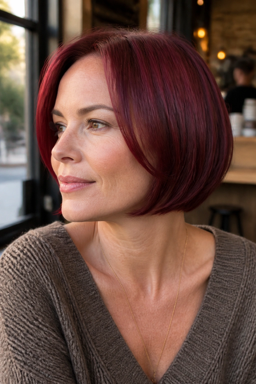 Close-up portrait of a real woman with a cherry red bob featuring tucked ends in a cozy cafe setting