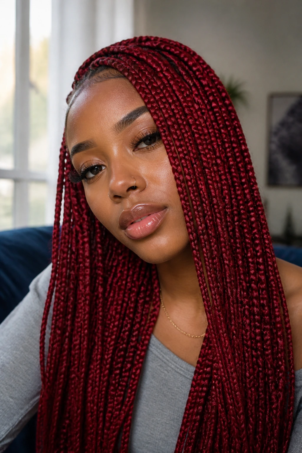 Close-up of a real person with cherry-red box braids