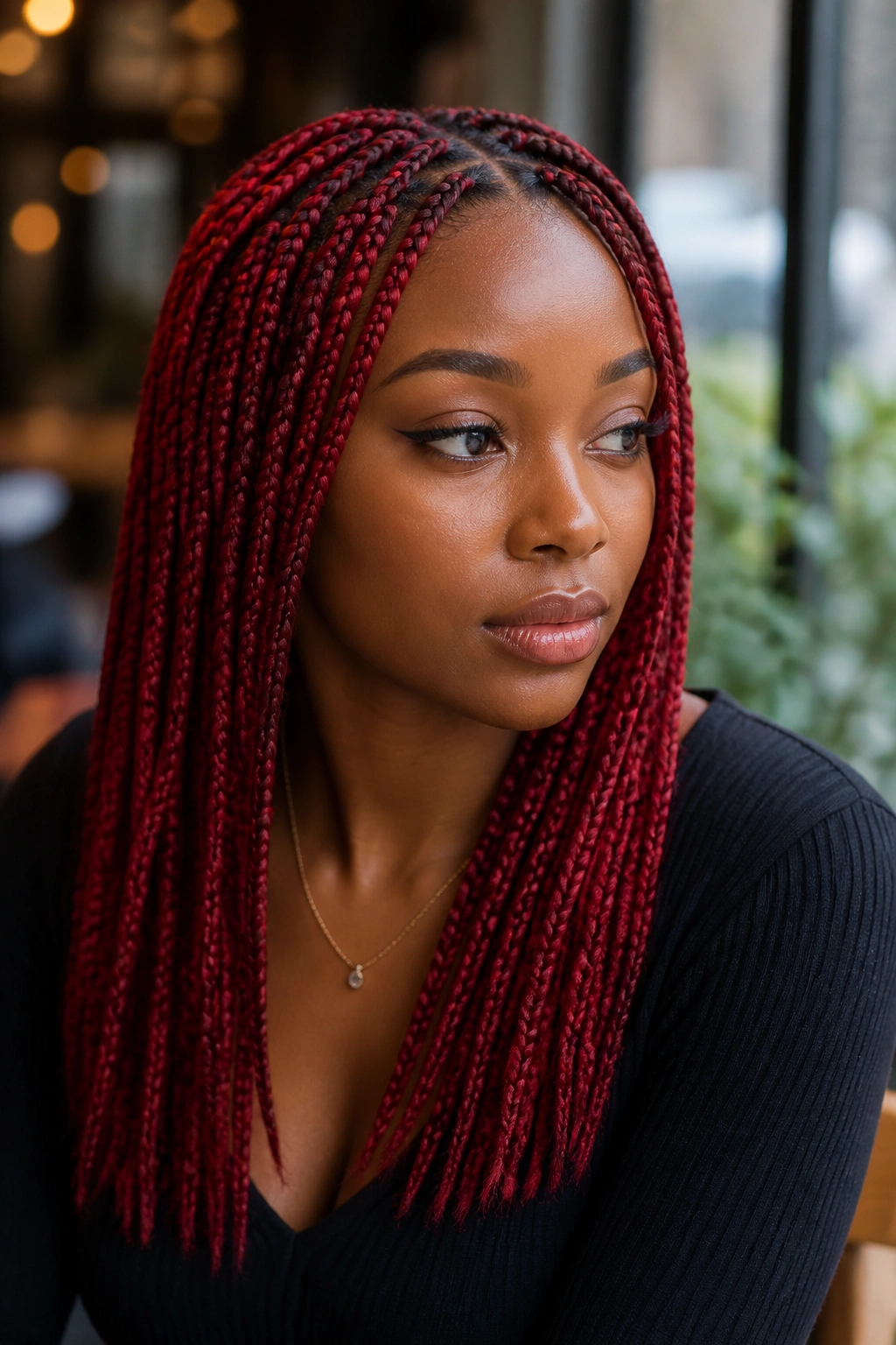 Close-up of a real Black woman with cherry red box braids in cafe light