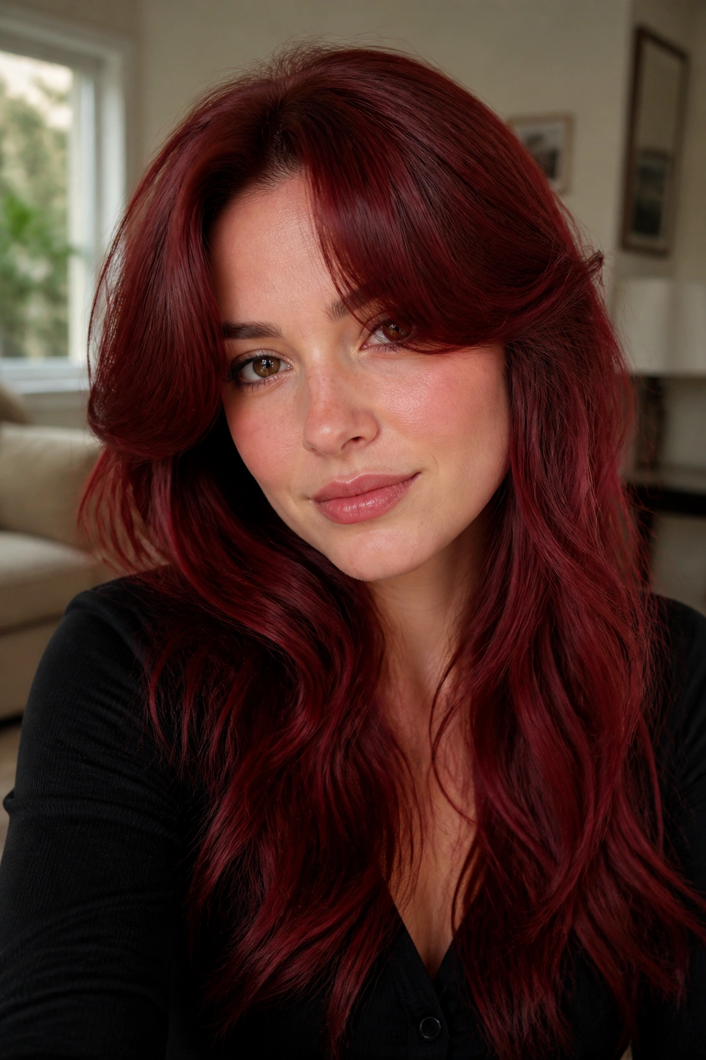 Close-up portrait of a woman with cherry red curtain bangs and long waves