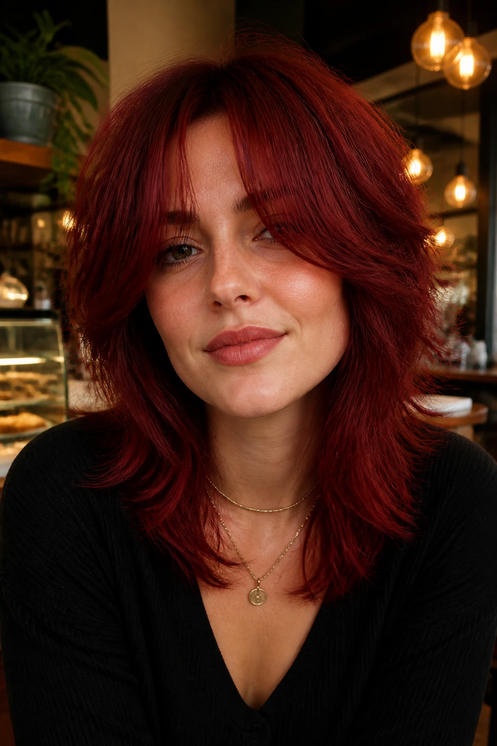 Close-up of a person with cherry red shag and long curtain fringe.