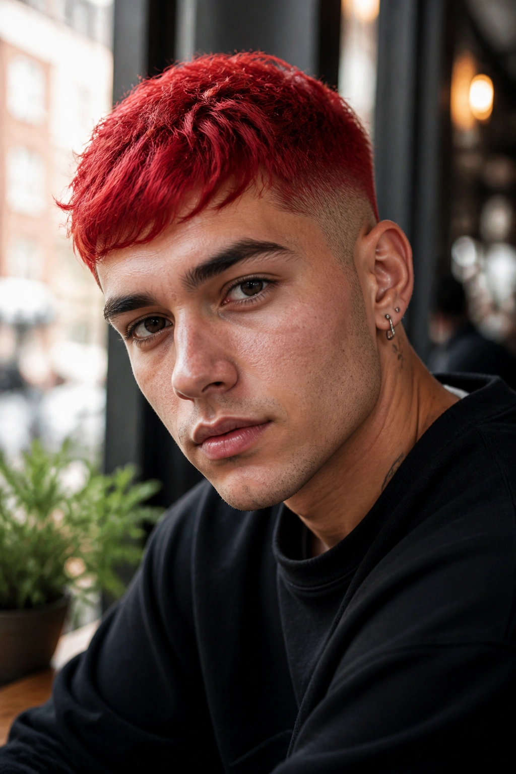 Close-up portrait of a man with cherry red hair in a cropped cut.