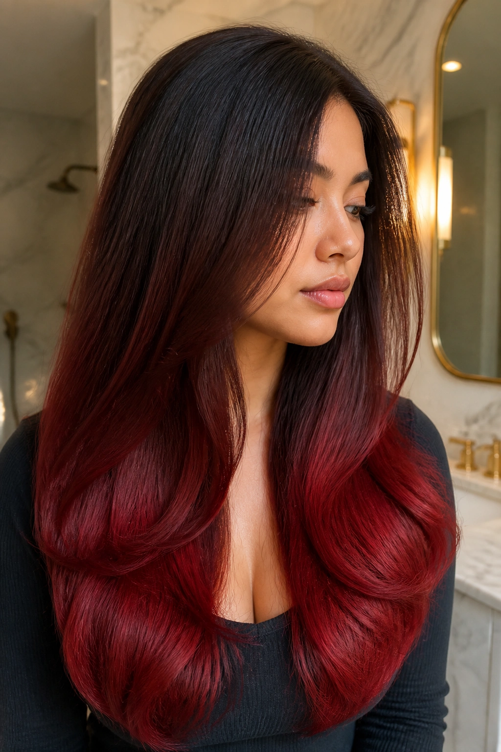 Close-up of a real woman with cherry red ombre in a silky blowout, glossy roots to bright ends.