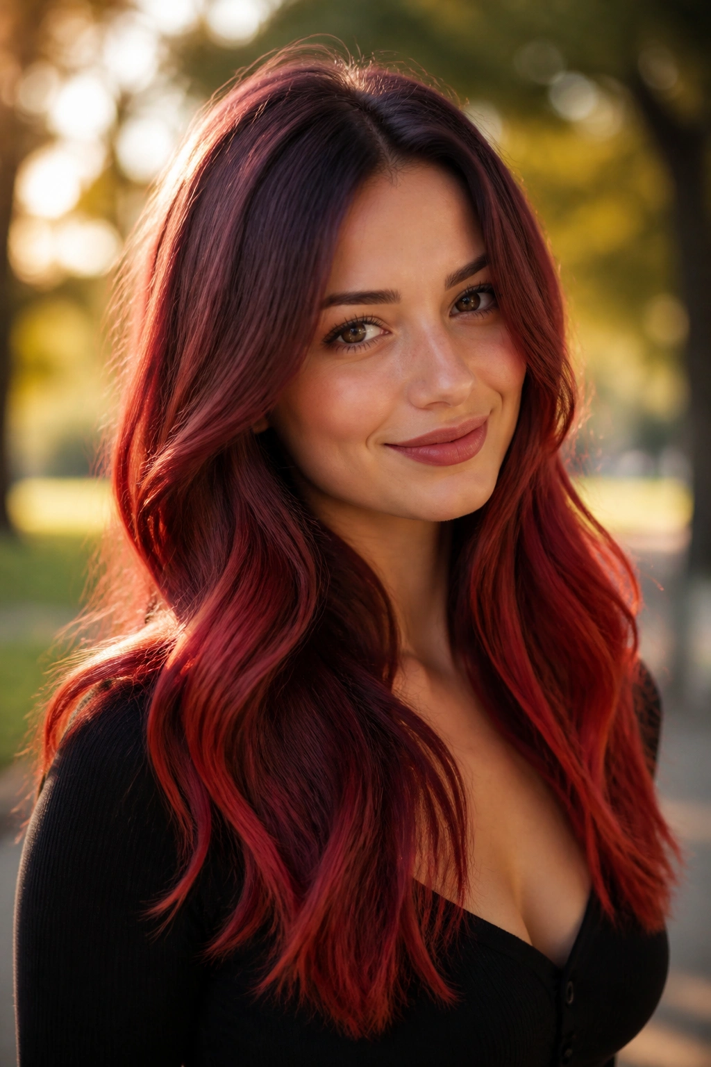 Portrait of a woman with cherry red ombre and copper kiss in natural light.