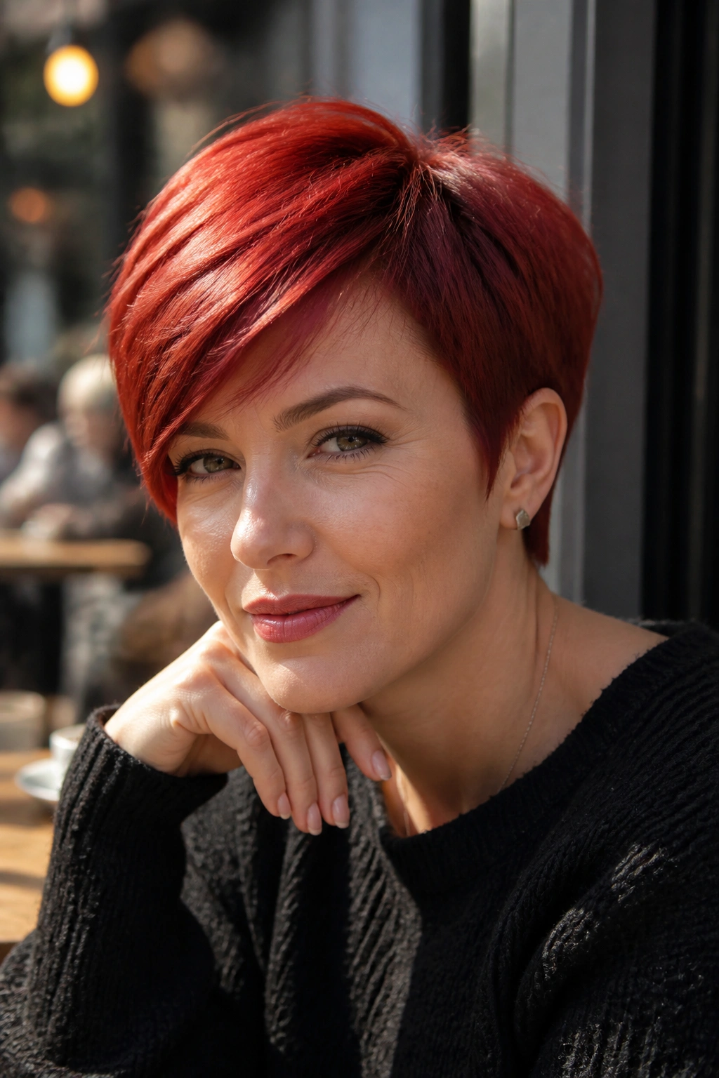 Close-up portrait of a real woman with a cherry red pixie and side-swept fringe in warm cafe light