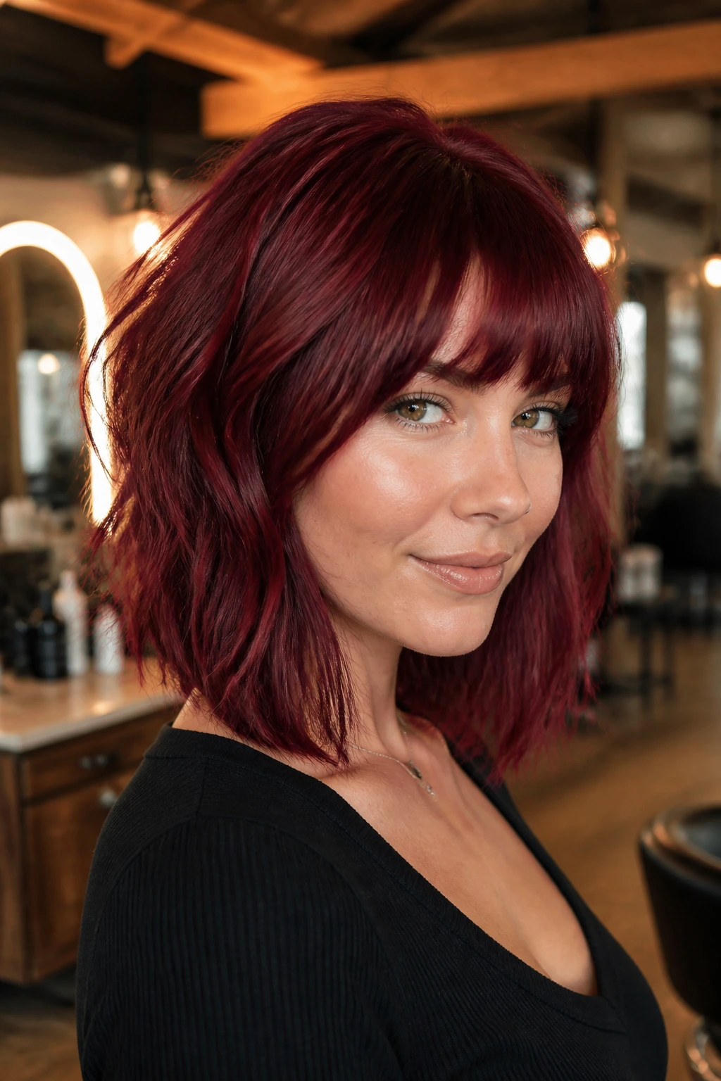 Close-up of a real woman with cherry red shag and blunt perimeter in a salon