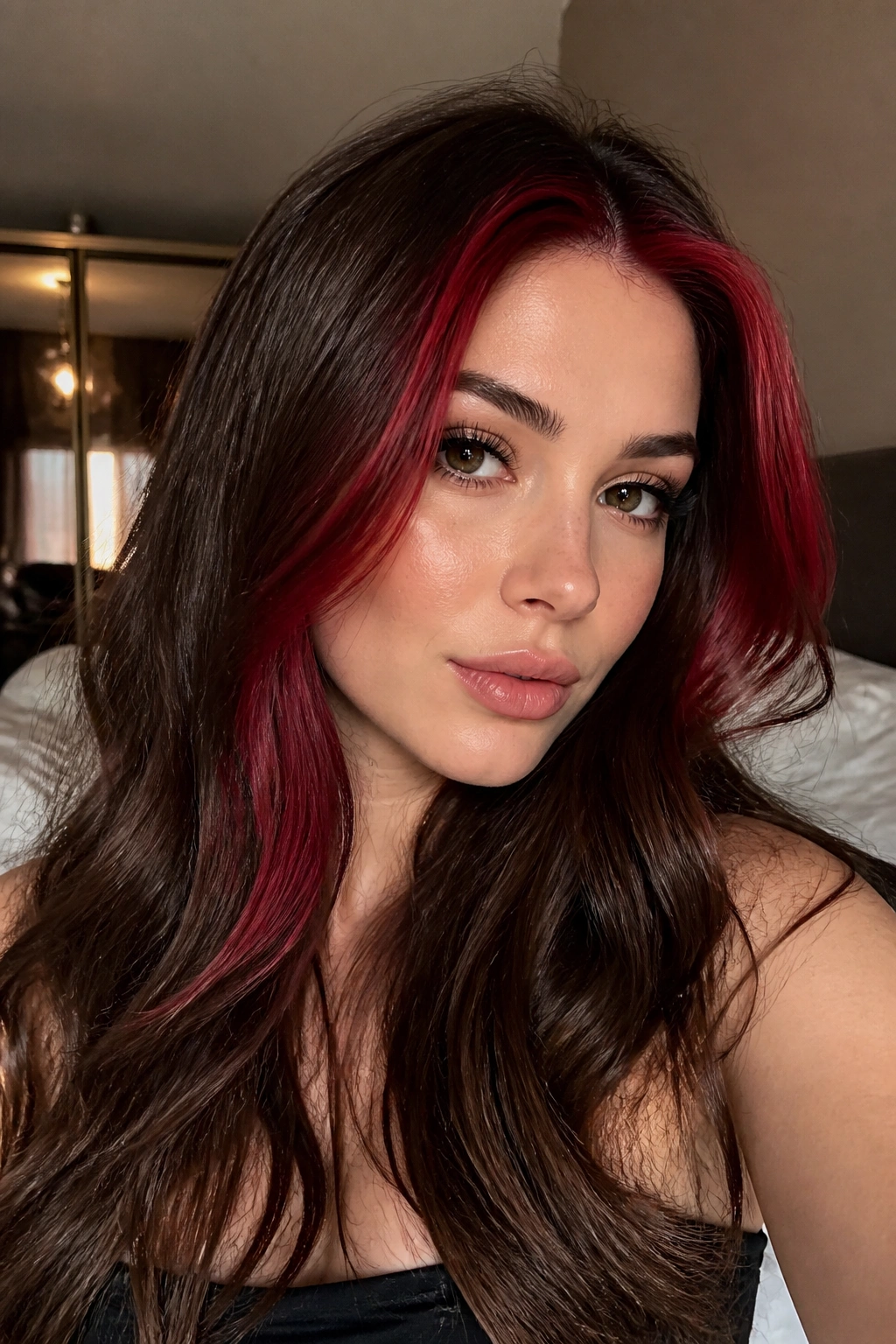 Close-up portrait of a real woman with a cherry red stripe on brown hair