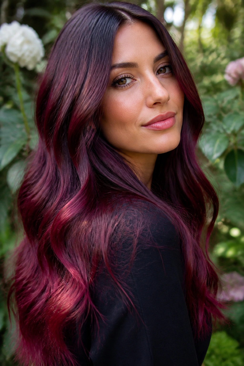 Close-up of a woman with cherry red ombre and violet undertones in daylight.