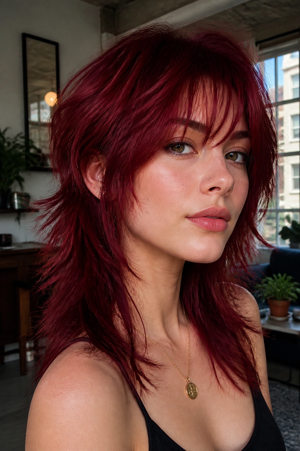 Close-up portrait of a real person with a cherry red wolf cut showing jagged layers and movement