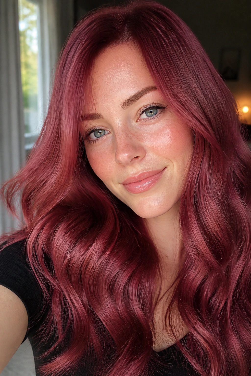 Close-up of real woman with cherry strawberry gloss hair