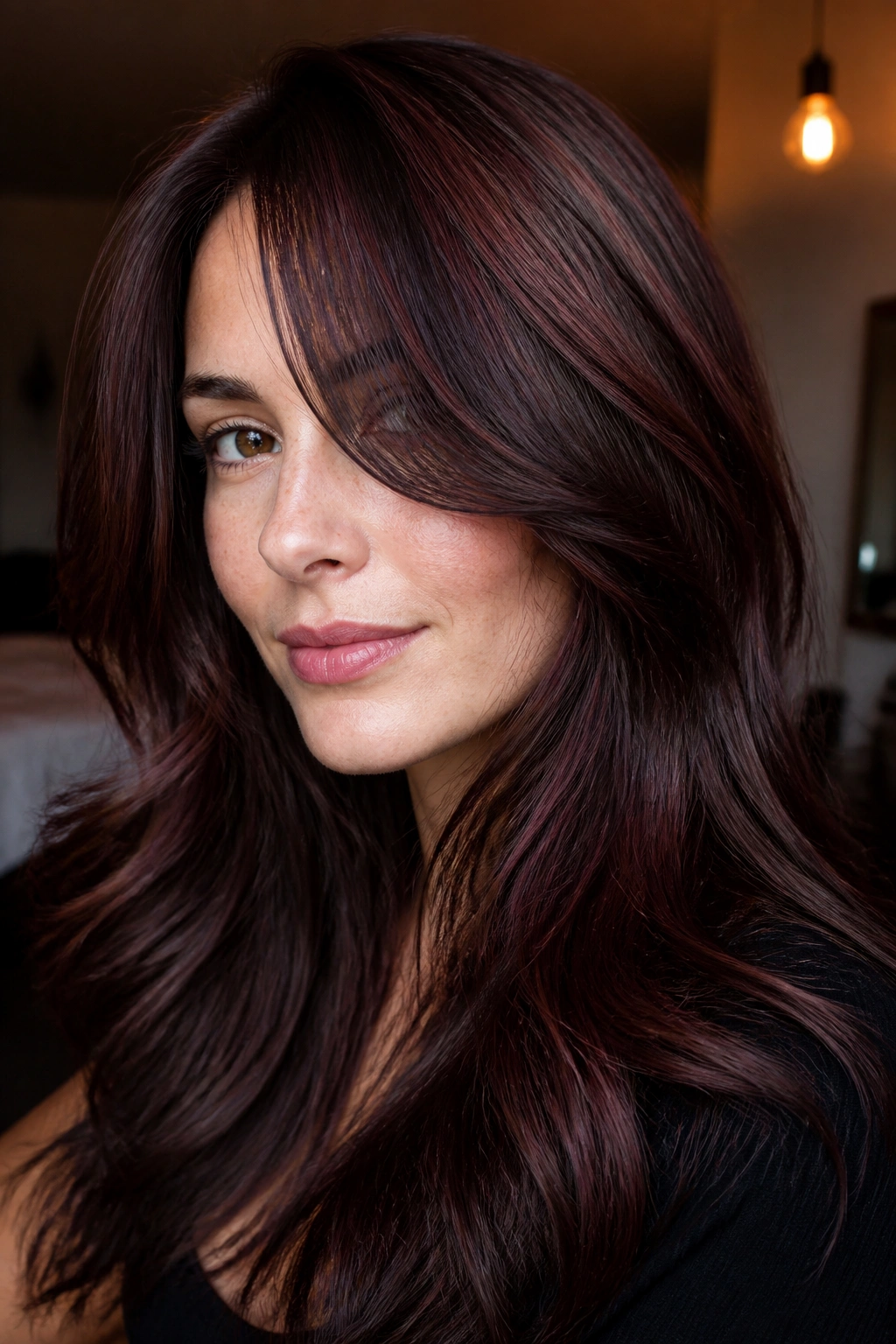 Portrait of Cherry Walnut Brunette with ash depth under indoor lighting