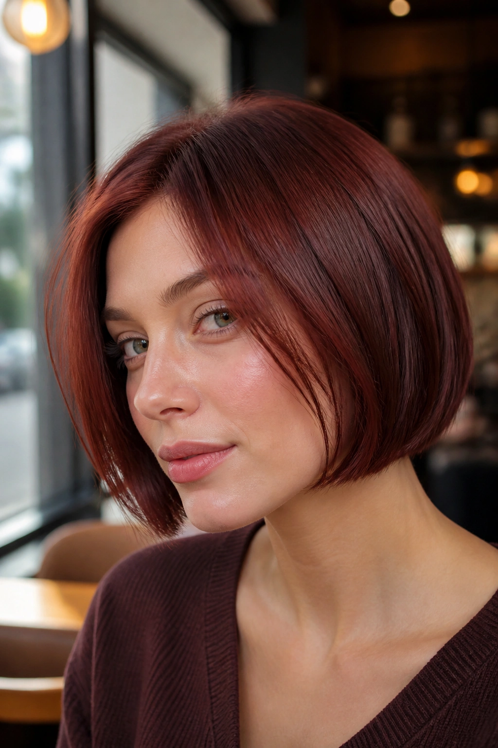 Close-up portrait of a woman with cherry-wine copper bob color