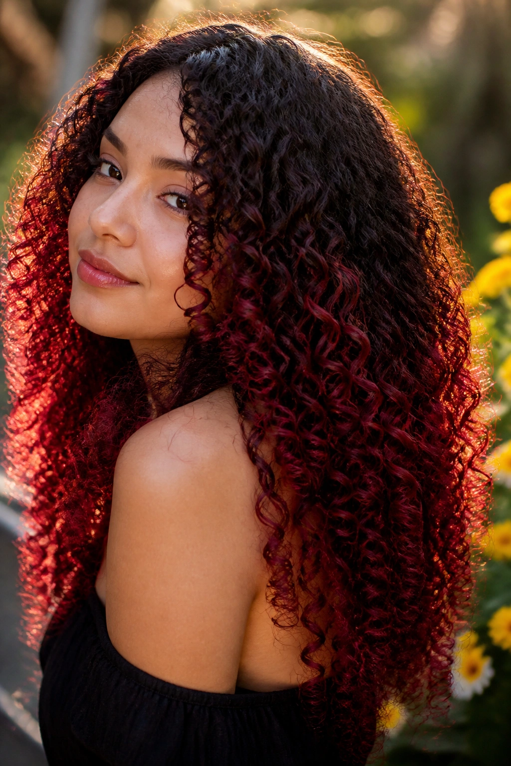 Curly hair with cherry wine ombre on long lengths