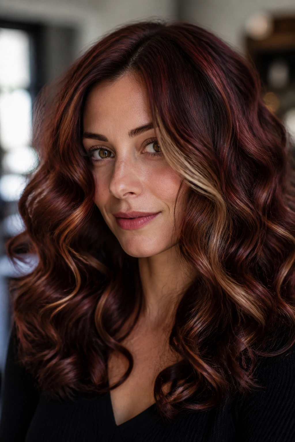 Real woman with cherrywood balayage on soft curls in a warm salon setting.