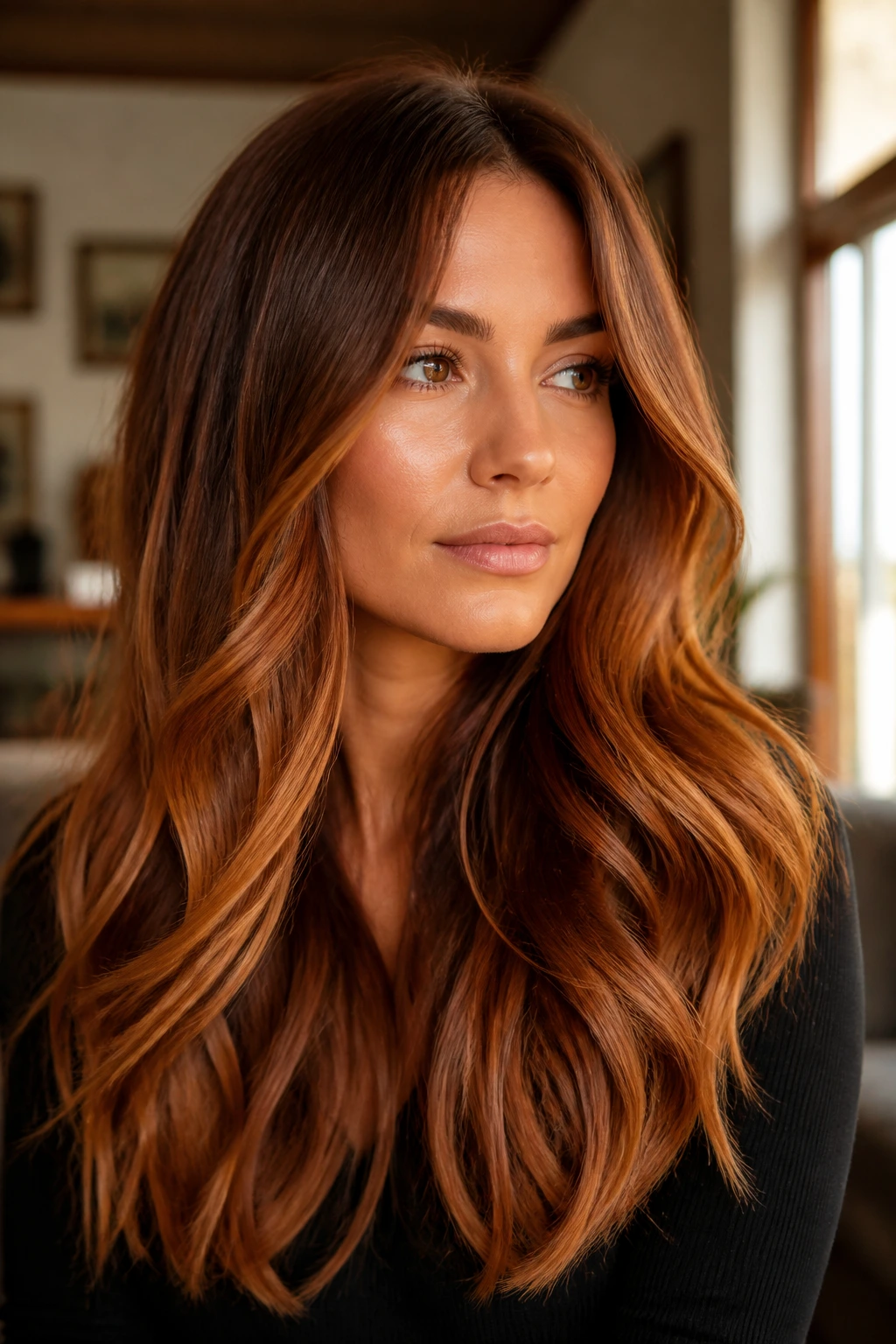 Close-up of chestnut to amber wavy ombre on long hair with soft balayage
