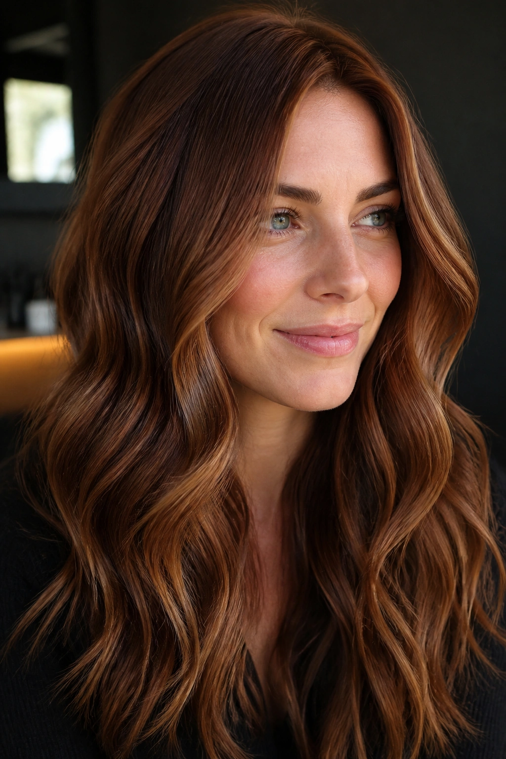 Close-up portrait of a real woman with chestnut auburn hair and cool bronze lights
