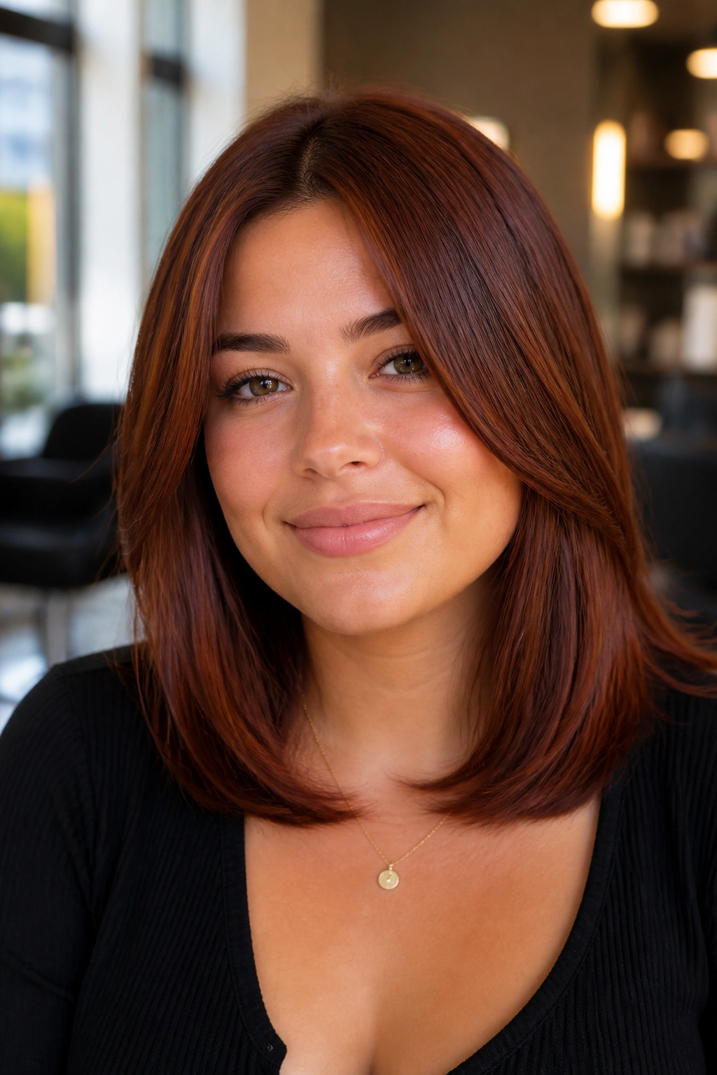 Close-up of a real woman with chestnut auburn gloss hair framing the face