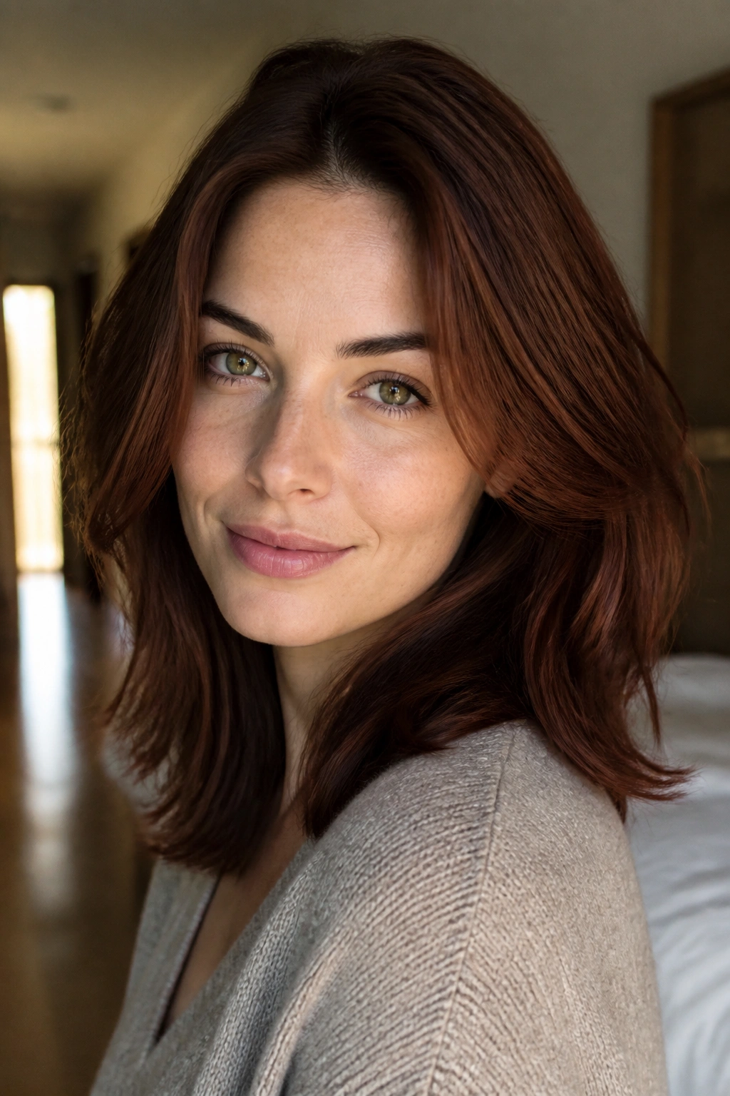 Close-up portrait of a woman with chestnut auburn hair in warm daylight