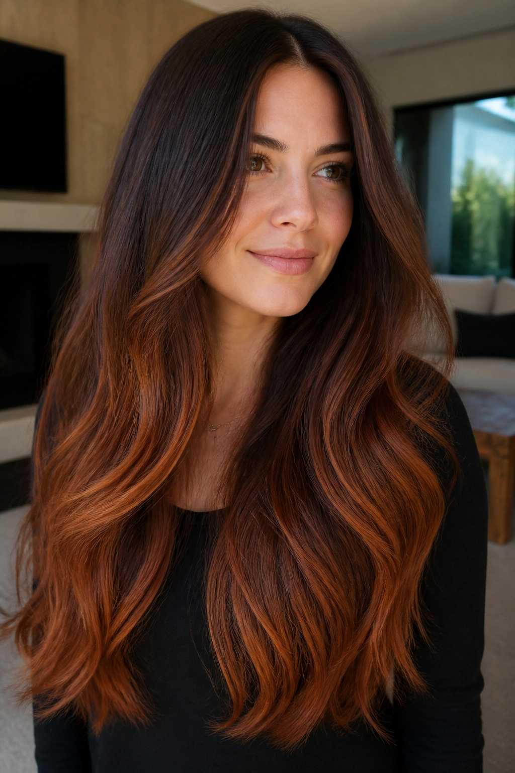 Real person with thick long hair showing chestnut auburn ombre.