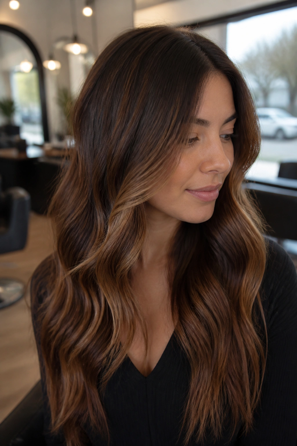 Close-up of a real woman with chestnut balayage starting below the cheekbones
