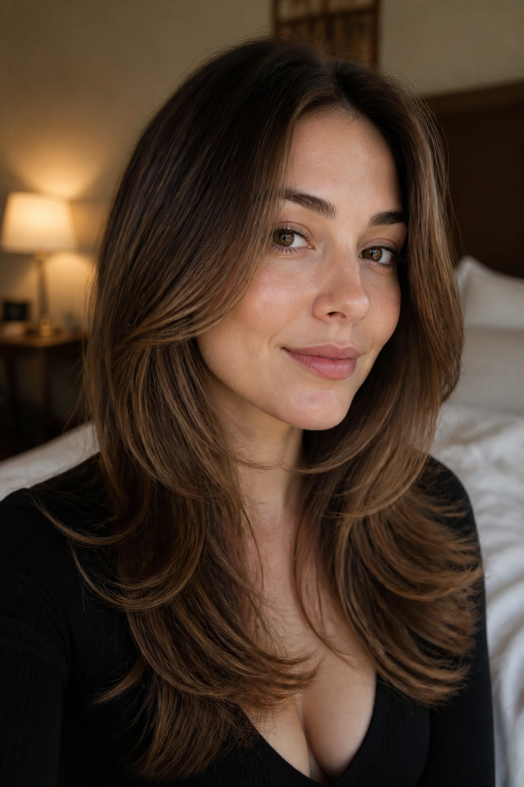 Close-up portrait of a woman with chestnut balayage and feathered ends