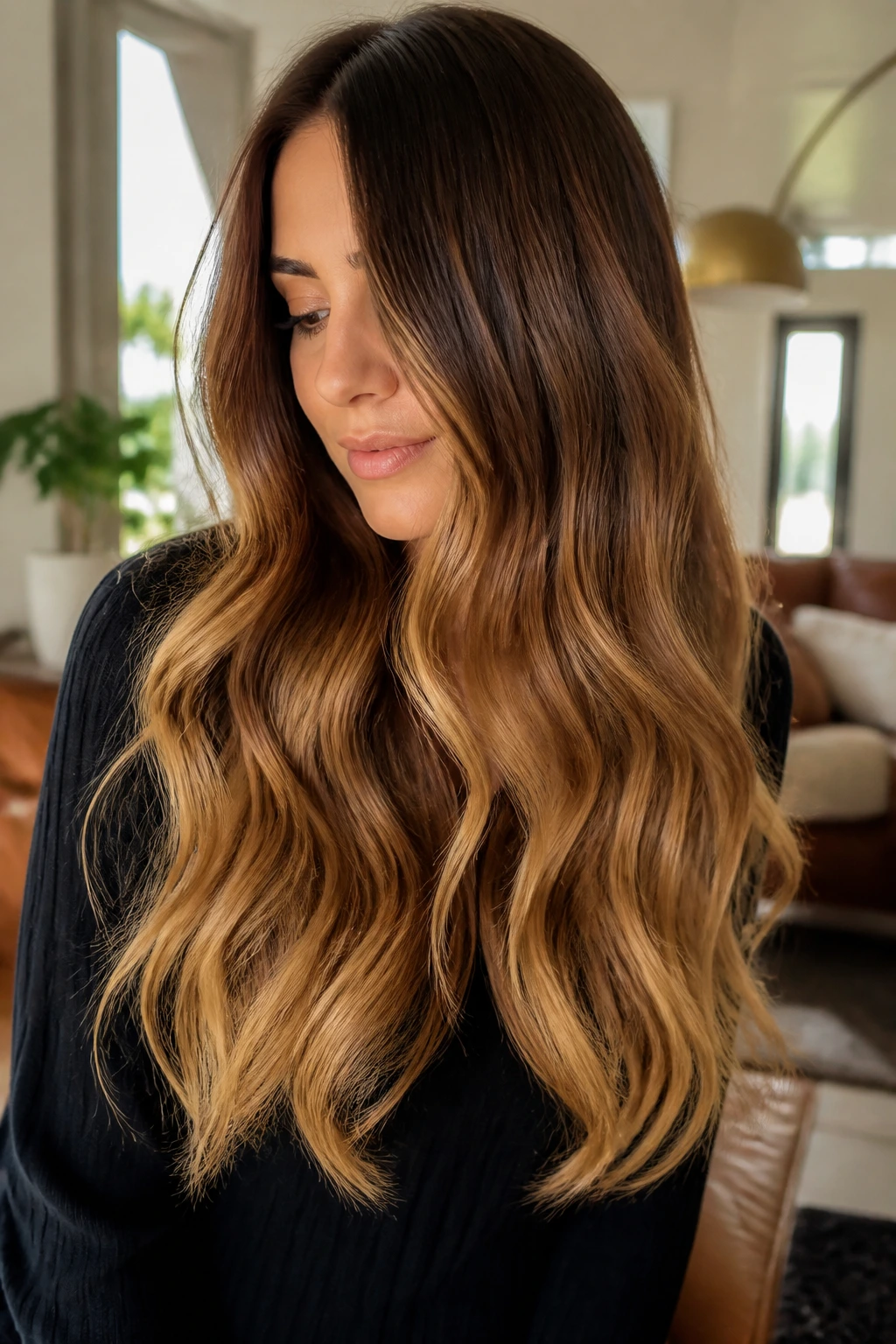 Chestnut balayage fading to golden blonde ends on real person