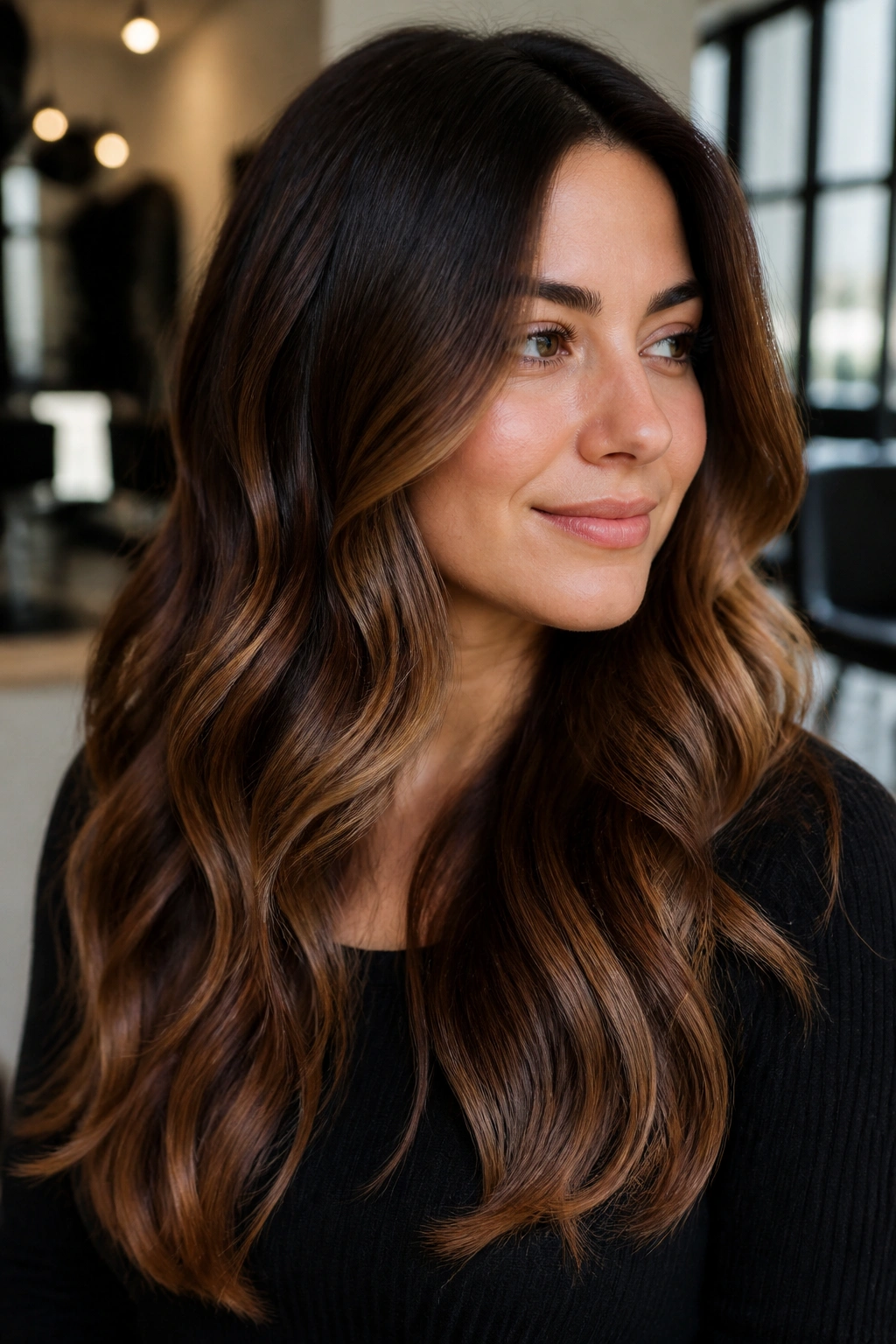 Close-up of chestnut balayage hair with warm ribbons on a real person