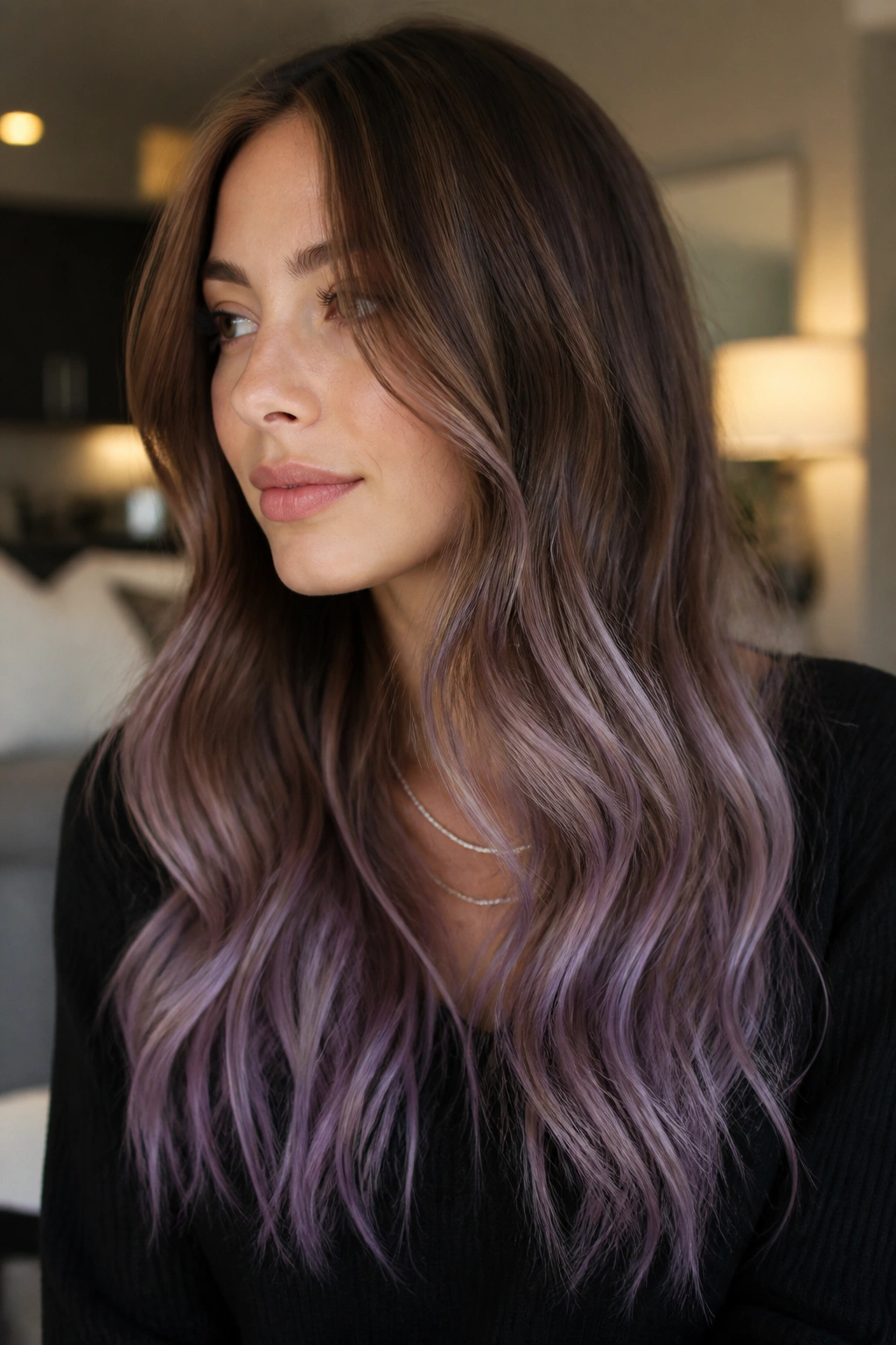 Close-up of chestnut hair with soft lavender ribbons woven through the lower third