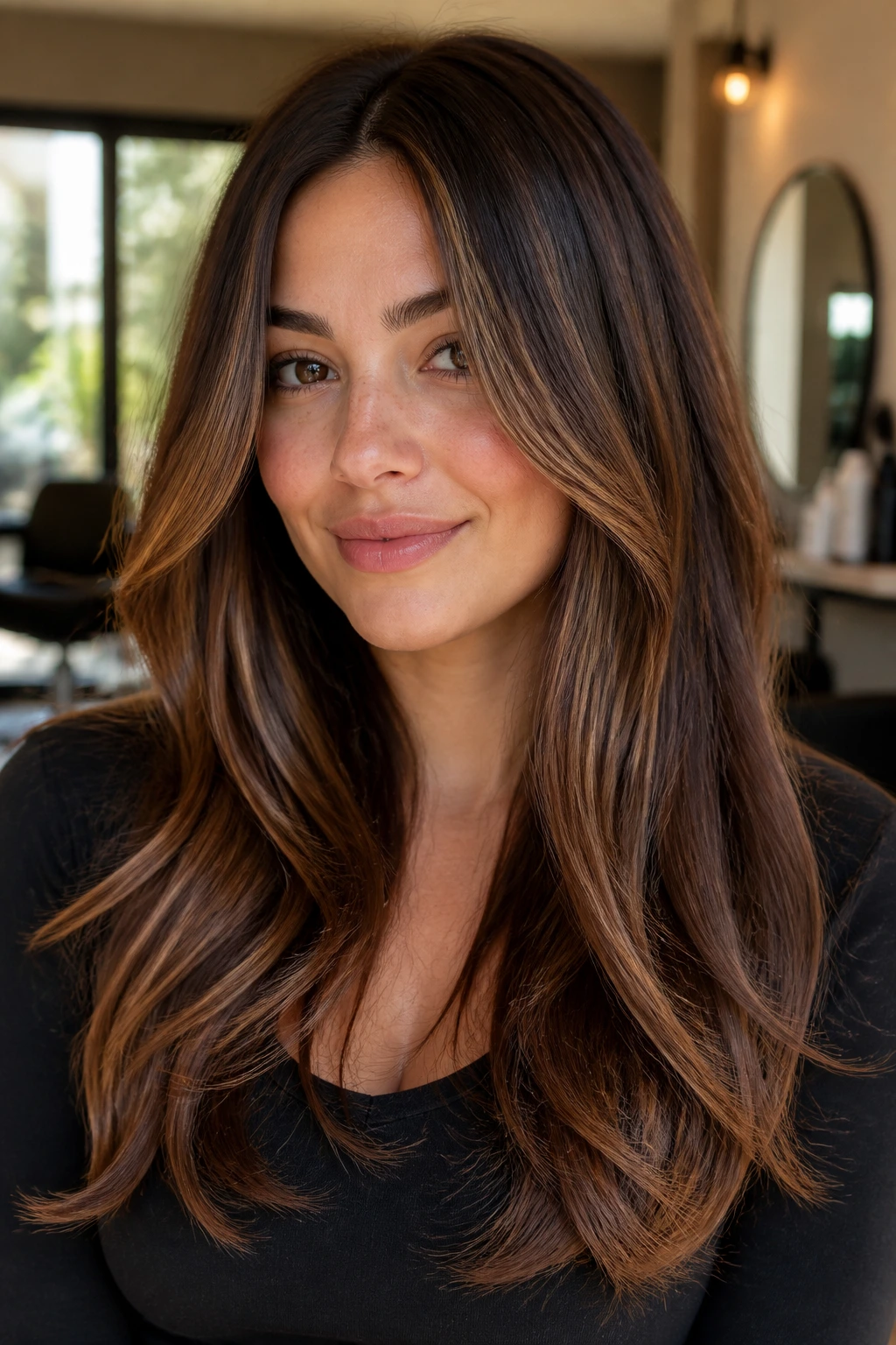 Close-up of chestnut balayage with long layers on a real woman's hair in a warm salon setting