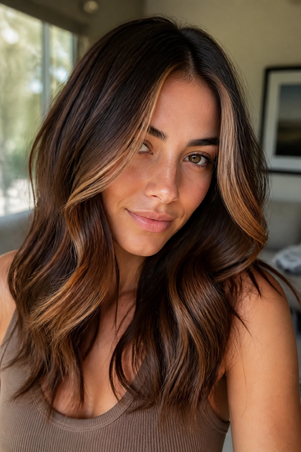 Close-up portrait of a real woman with chestnut money piece balayage framing the face.