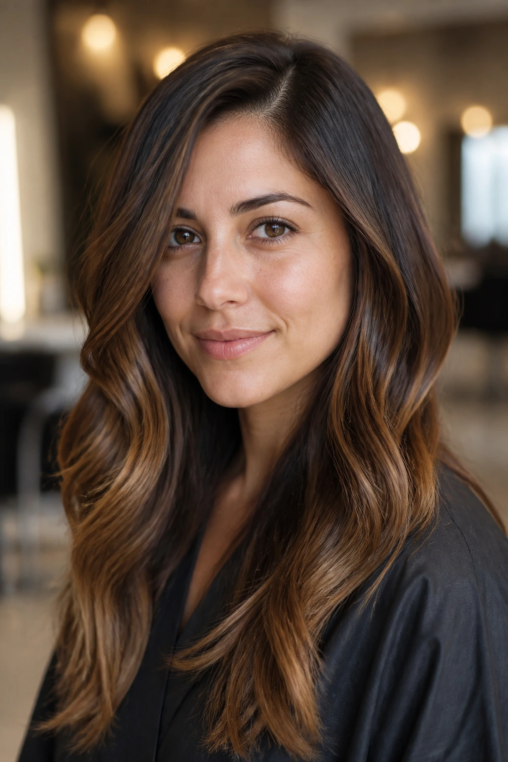 Close-up portrait showing chestnut melt balayage with an off-center part