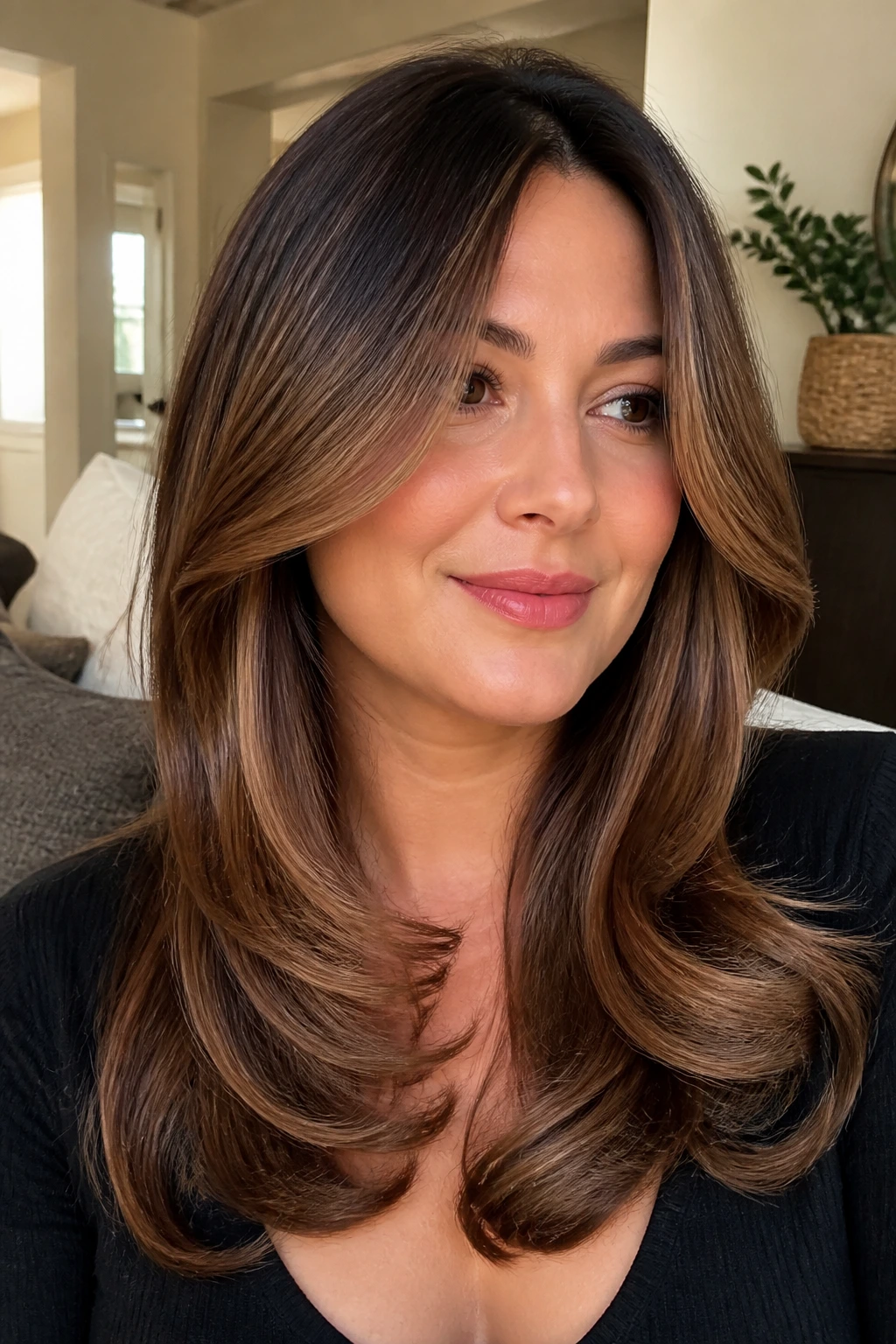 Close-up of a real woman with chestnut balayage and soft C-curled ends