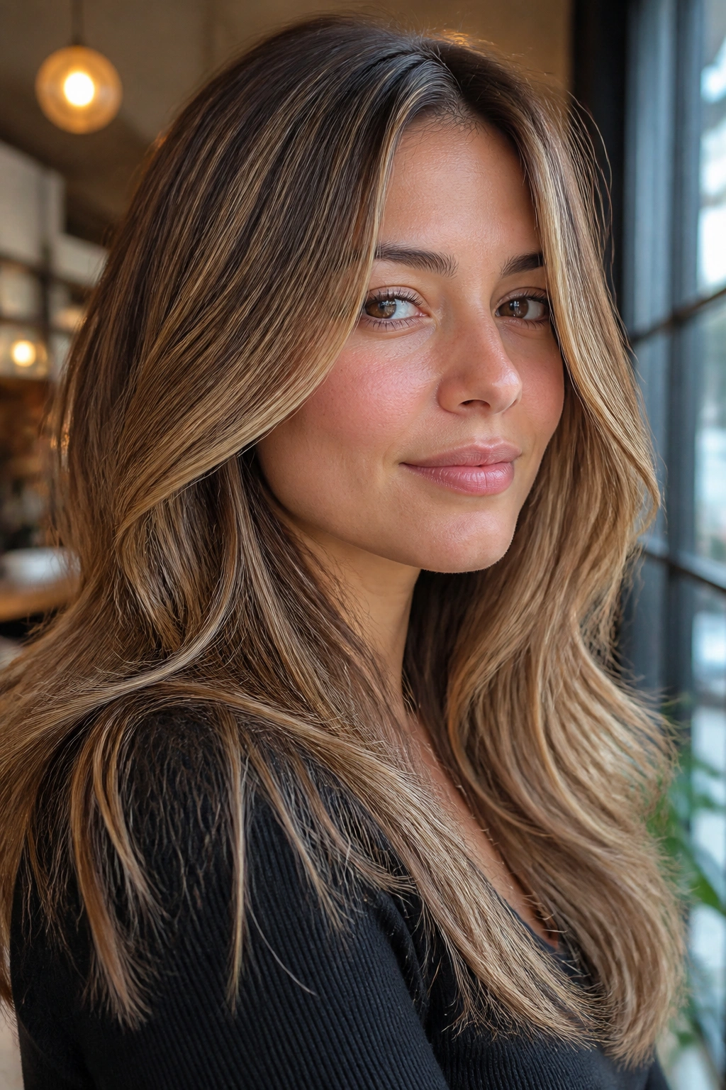 Close-up portrait of a real woman with chestnut base and fine blonde babylights.