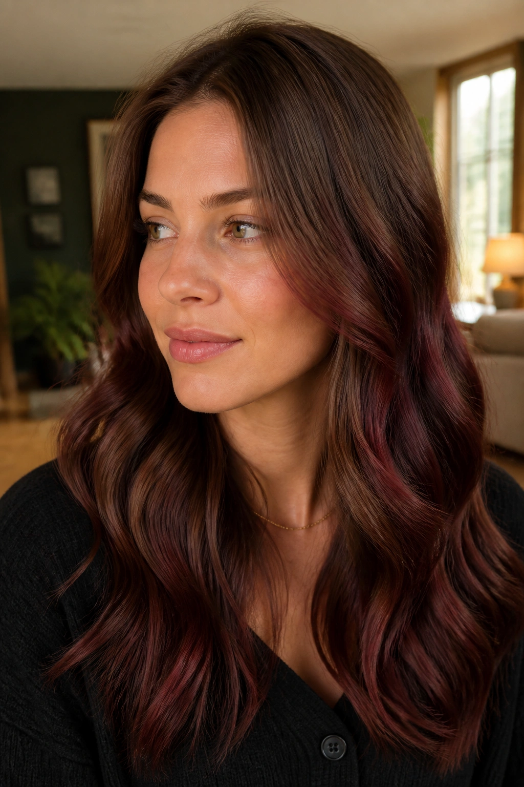 Close-up of a real woman with chestnut base and wine-brown panels in hair