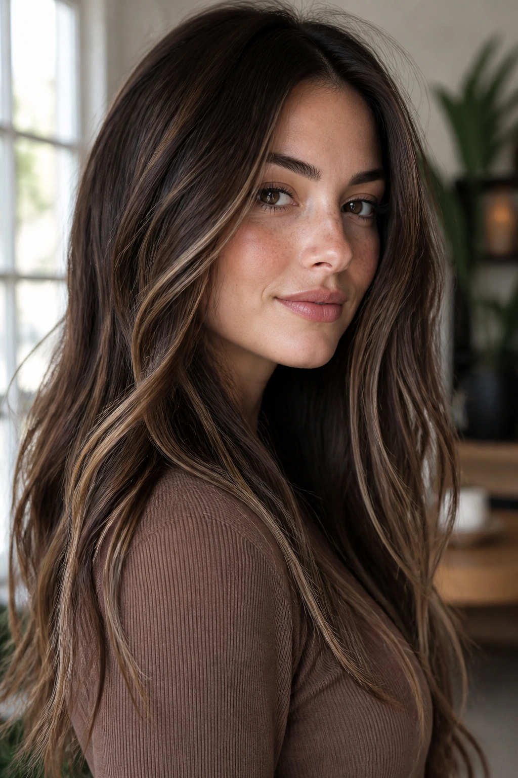 Close-up of chestnut brunette with fine beige-latte ribbons in long hair