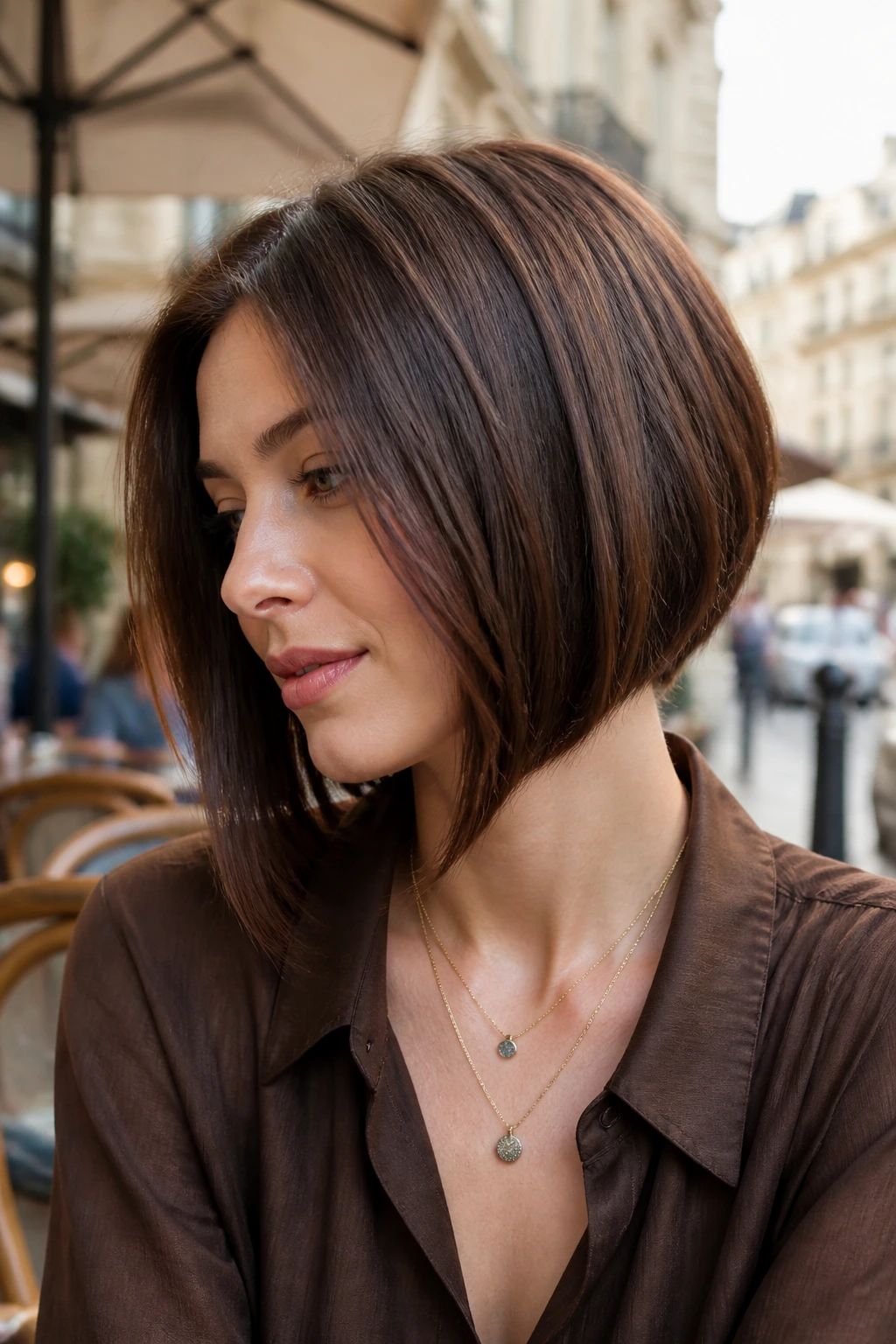 Close-up of real person with A-line chestnut bob, longer front, shorter back