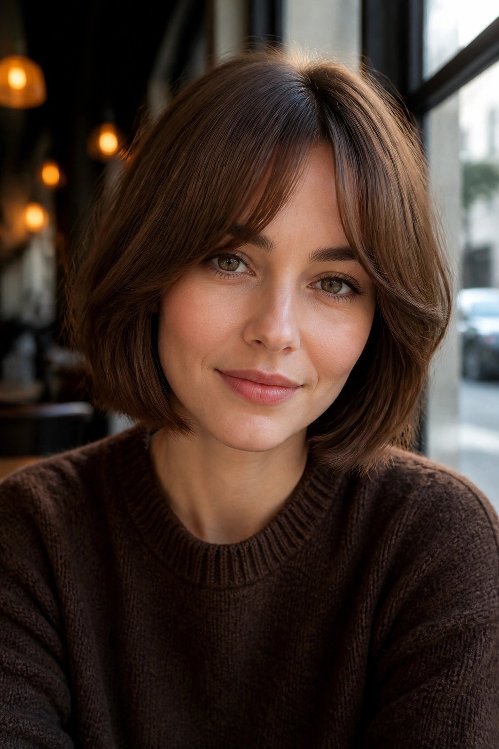 Portrait of a woman with chestnut bob and curtain bangs