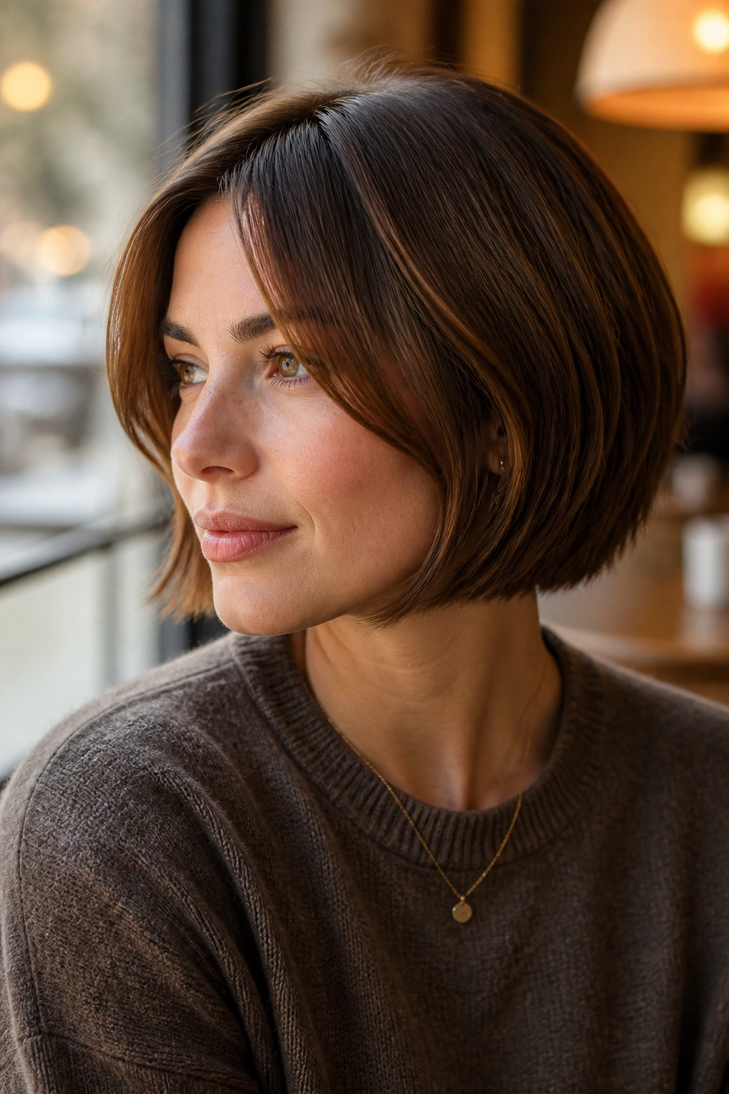 Portrait of a real woman with a soft chestnut bob and face-framing layers